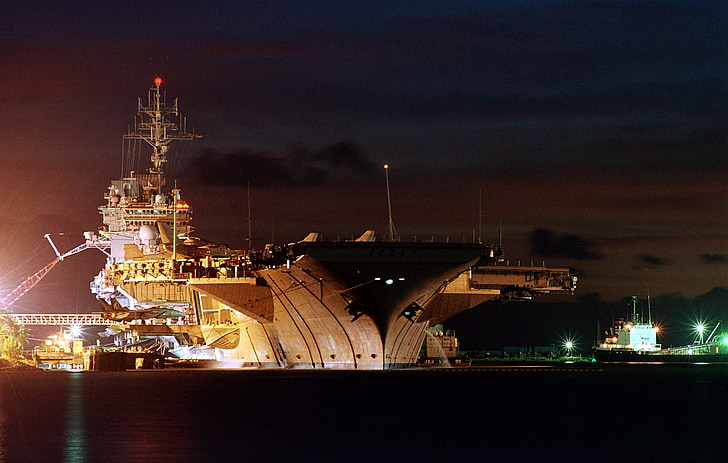 aircraft carrier, military, maintenance, port, night, lights, dock