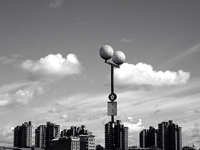 architecture, black and white, buildings, clouds, modern, outdoors, sky