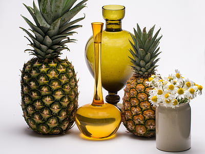 still life, fruits, pineapple, tropical fruits, flowers, vases, fruit
