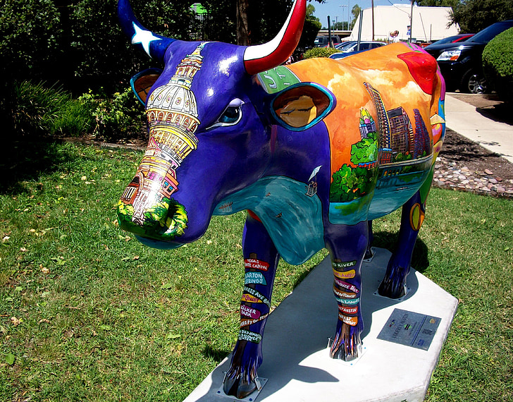 Cow, gatukonst, skulptur, färgglada, dekoration, Austin, Texas