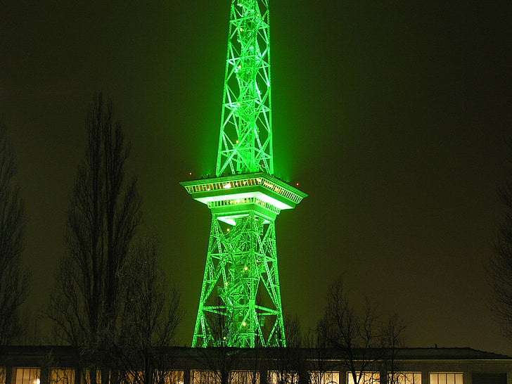 radiotårn, Berlin, nat, grøn, belyst, belysning, neon grøn