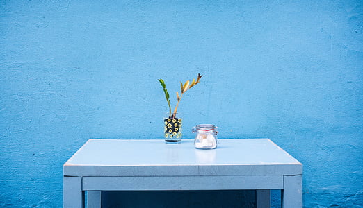 blauw, container, decoratieve plant, glas, glazen container, tabel, houten tafel