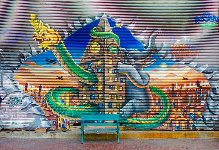 graffiti, Banca, perete, colorat, culoare, dragoni, elefant