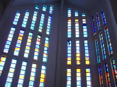 kyrkan, inre av den, blyinfattade fönster, Kyrkans interiör, tro, konsten att, altaret