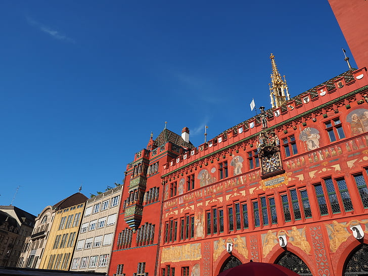 Basel city hall, fasáda, městská radnice, Basilej, budova, Architektura, červená