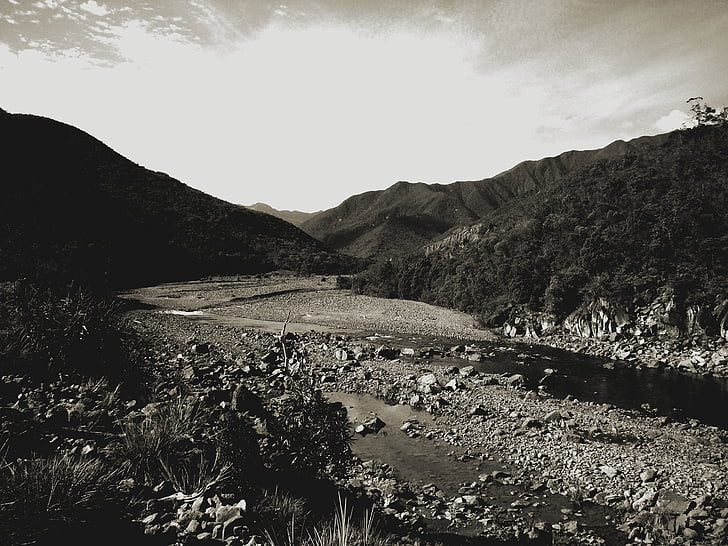landscape, stream, creek, mountains, black and white, sky, clouds