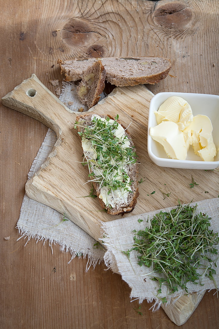 cress, green, cress bread, bread and butter, bread, butter, wooden board