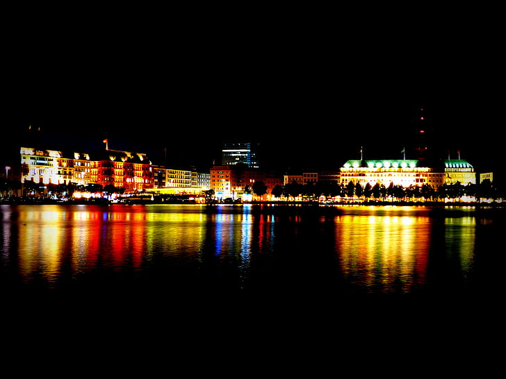Alster, gece, Hamburg, Şehir