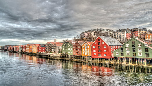 Trondheim, Norvège, architecture, pont, coloré, rivière, l’Europe