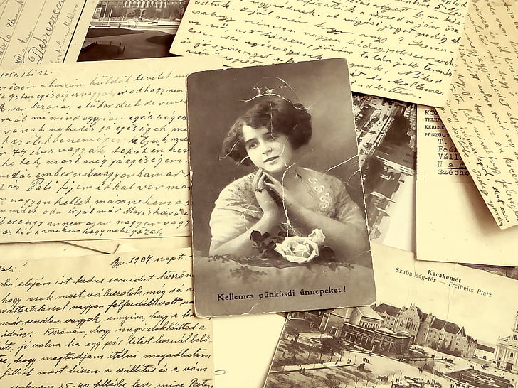 background, old, picture postcard, woman, porté, yellow, rustic
