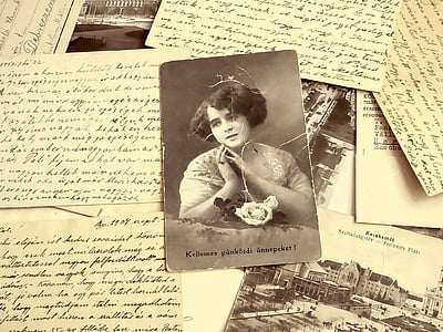 fundal, vechi, carte poştală imagine, femeie, porté, galben, rustic
