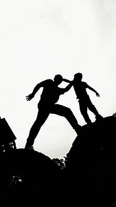 silhouette, father, climbing, son, climb, play, playing