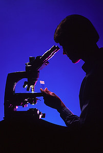 cientista com microscópio, silhuetas, laboratório, ciência, Biologia, laboratório, médica