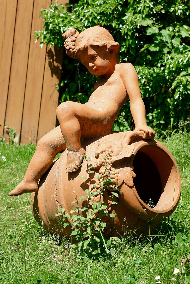 boy, krug, jar, pose, garden decoration, statue, outdoors