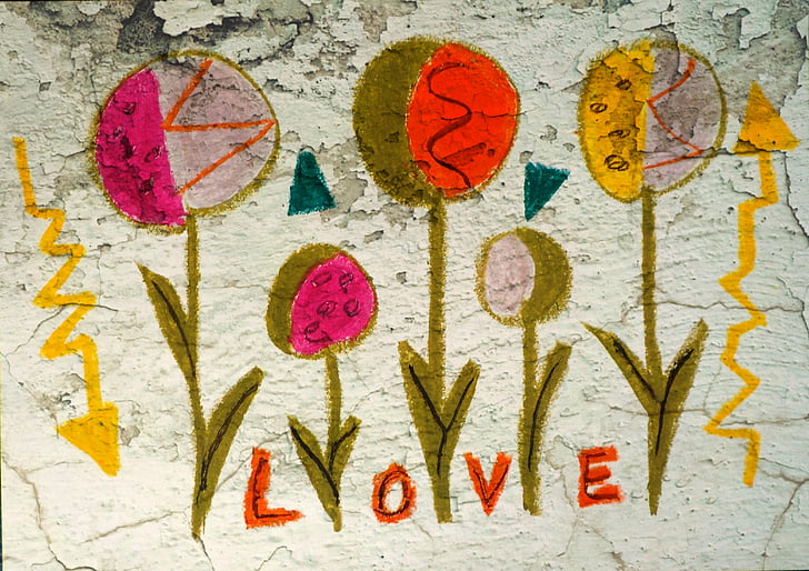 kwiaty, graffiti, ściana, kolorowe, kreatywność, miłość, sztuka