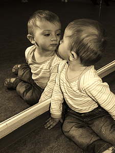 barn, Pojke, spegel, reflektion, kognition
