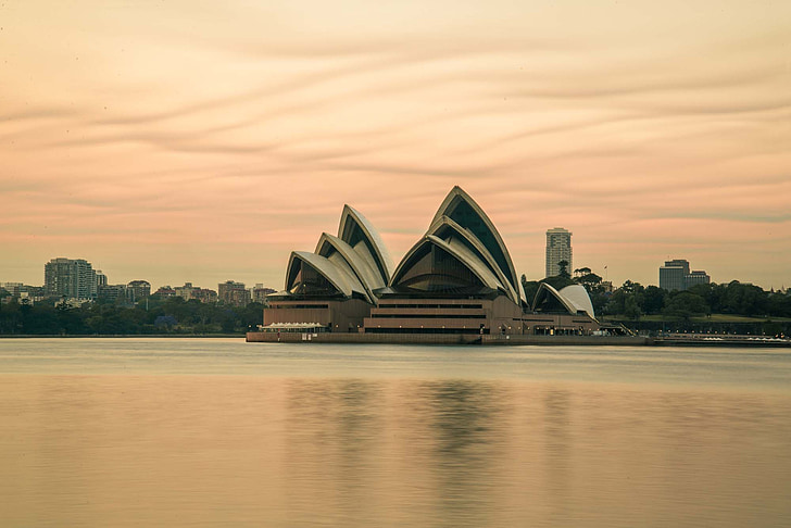 Sydney, Australia, Bennelong point, Bushfire cielo, Alba, architettura, posto famoso