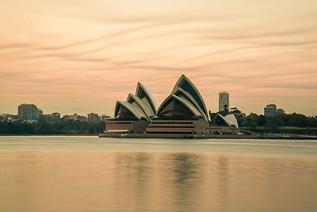 Sydney, Australia, Bennelong punkt, Bushfire himmelen, daggry, arkitektur, berømte place