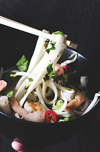 noodles, shrimps, black, ceramic, bowl, pair, brown