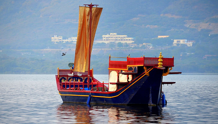 tradičné, loďou, jazero, udipur, India, Cestovanie