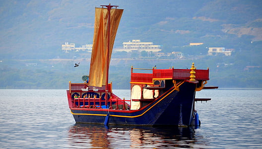 traditionella, båt, sjön, udipur, Indien, resor