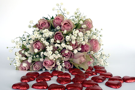 mawar, bunga mawar, bunga, merah muda, putih, jantung, merah