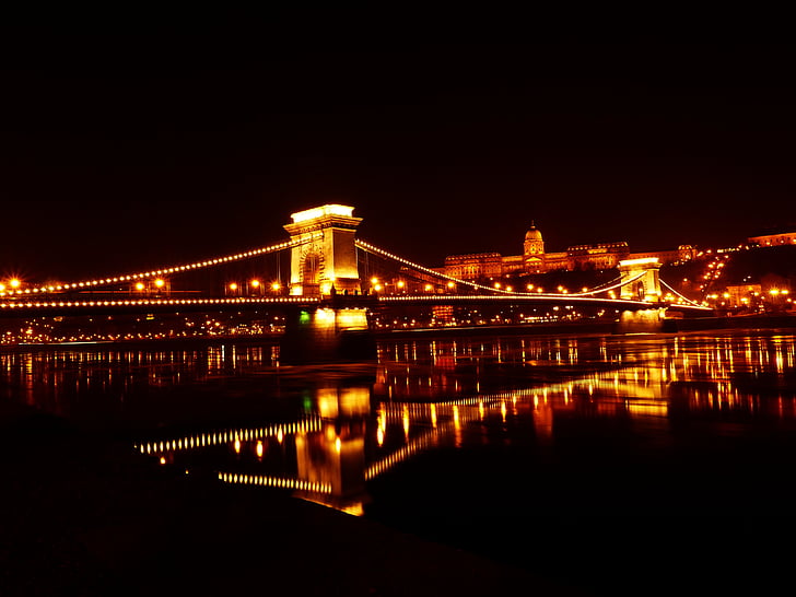 chain bridge, budapest, night photograph, architecture, hungary, places of interest, bank of the danube