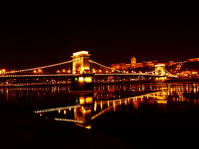 Podul cu lanţuri, Budapesta, fotografia de noapte, arhitectura, Ungaria, puncte de interes, malul Dunării