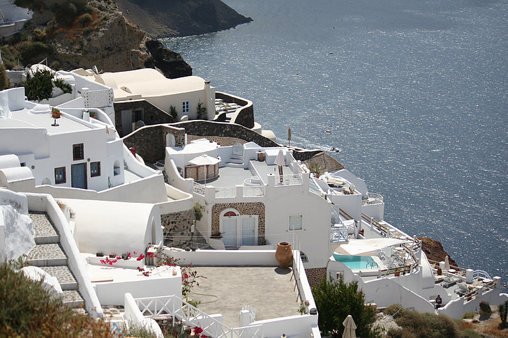 santorini, terraces, building, greece, resort, travel destination, white wall