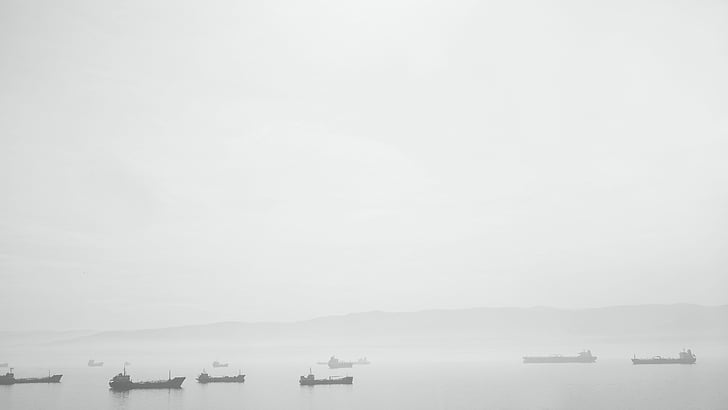 black, white, grey, sky, water, black and white, boats