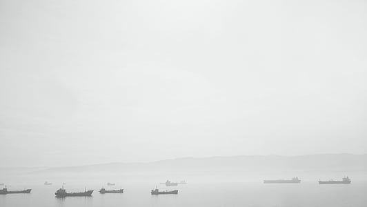 black, white, grey, sky, water, black and white, boats