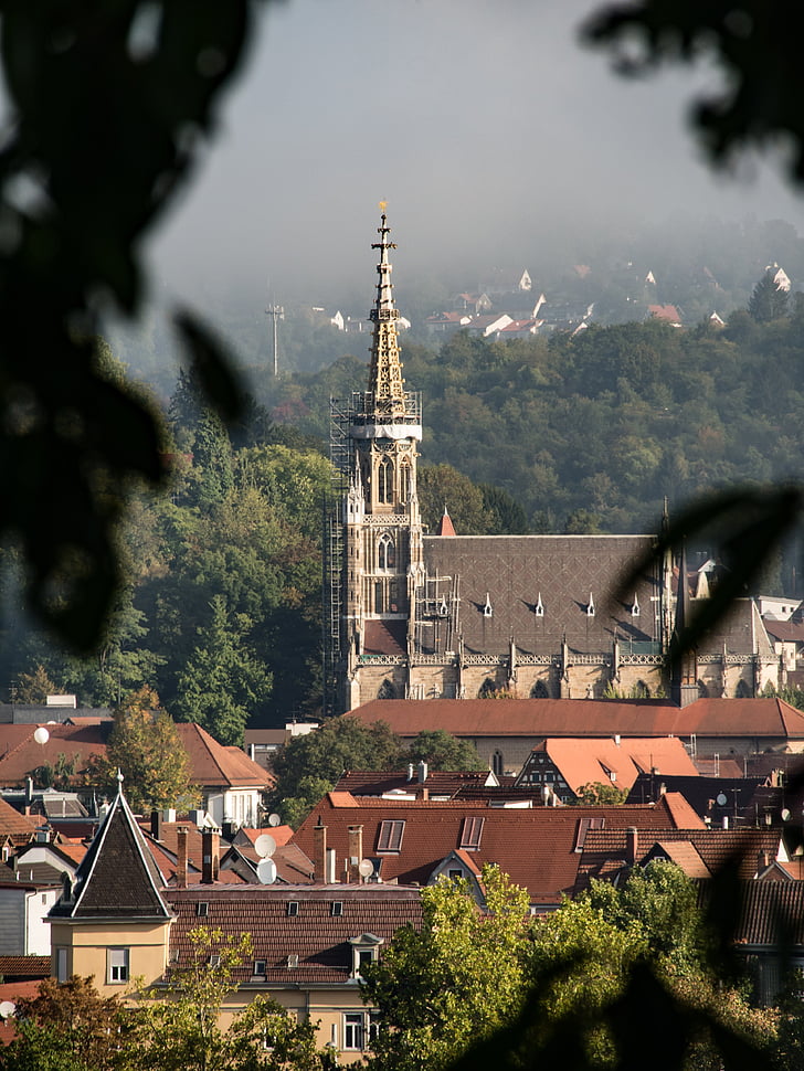 Frauenkirche, Esslingen, brouillard, Haze, vue à distance, steeple, rénovation