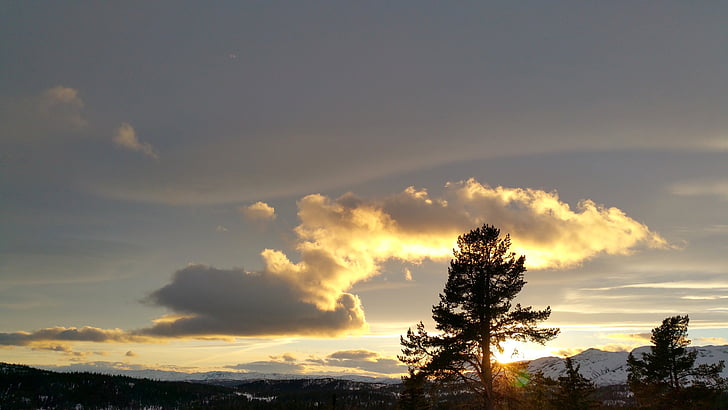 oblaci, planine, Zima, zalazak sunca, Norveška, večer, silueta