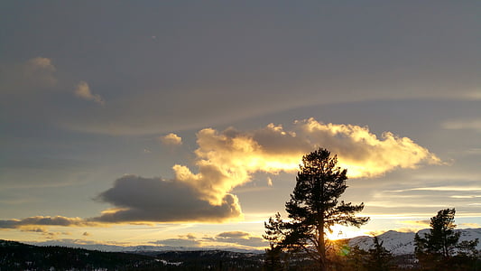 nuvole, montagna, inverno, tramonto, Norvegia, sera, sagoma