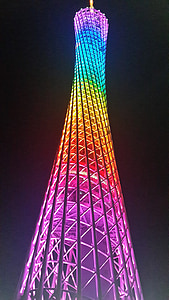 tour du canton, tour, haute, Guangzhou, illumination, couleurs, architecture