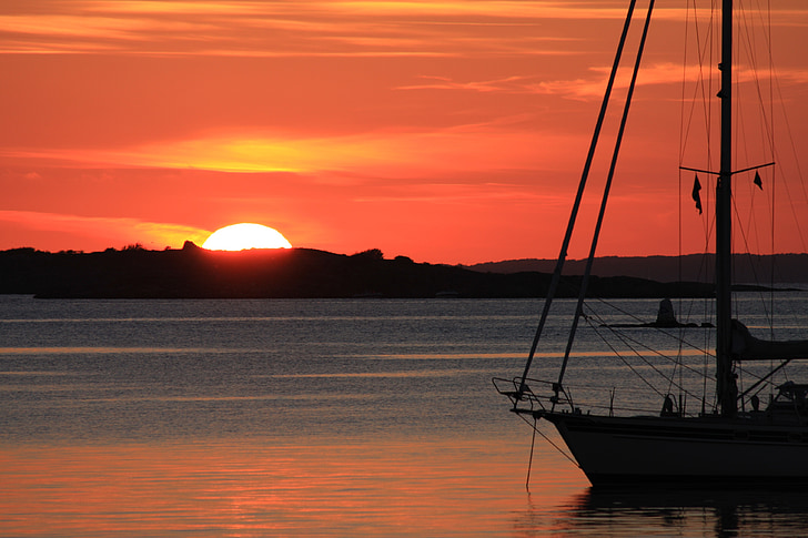 sunset, sailing vessel, sea, water, ship, lake, lighting