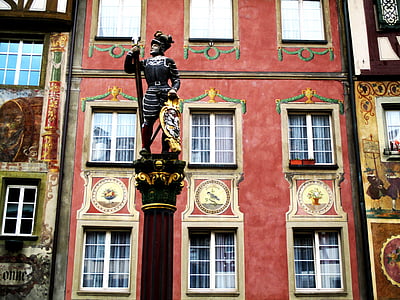 phố cổ, lịch sử đài phun nước, Đài tưởng niệm, mặt tiền, bức tranh tường, Stein am rhein, Schaffhausen