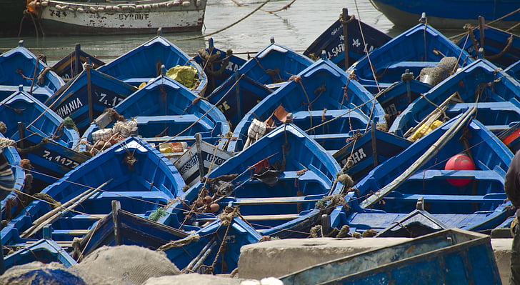 fishing boat, blue, morocco, port, rowing boat, anchorage