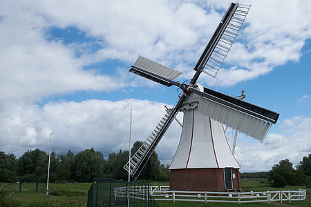 wiatrak, Młyn, Holandia, Friesland, East frisia, niebo, budynek