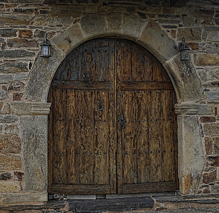 portes dobles, fusta nua, entrada, sortida, arc, arc, edifici