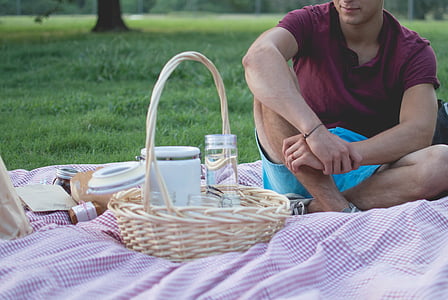 пикник, мъж, кошница, хранене, храна, одеяло, парк