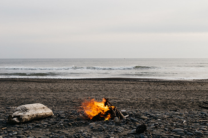 bonfire, beach, sand, rocks, ocean, sea, waves