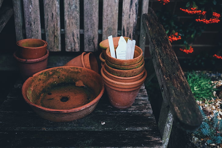 bench, plant pots, rustic, wood, wooden, cultures, wood - Material