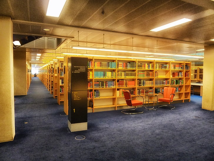 bibliotek, böcker, hyllor, insidan, interiör, lampor, stackar