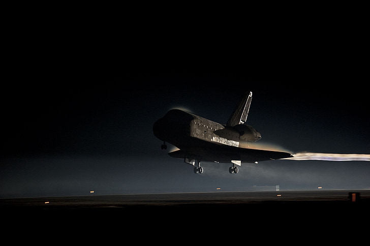 space shuttle, atlantis, landing, night, runway, lights, space