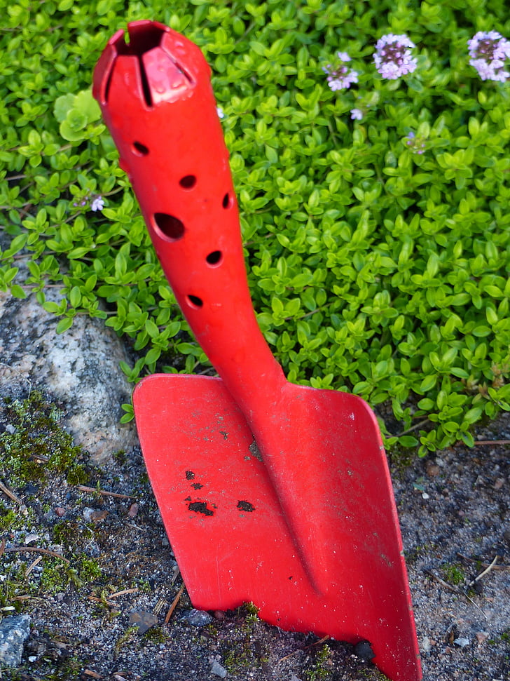 garden spade, red, earth, garden, plant, green, flowers
