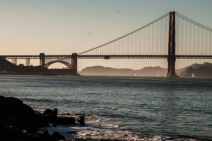 Golden gate híd, San francisco, építészet, víz, vitorlások, Bay, naplemente