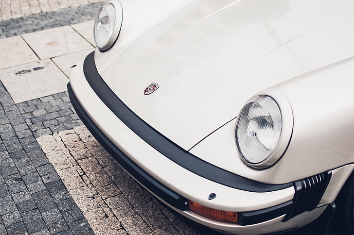 biela, Porsche, auto, Vintage, svetlometov, žiadni ľudia, detail