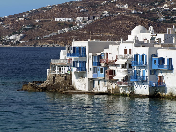 Mykonos, Barri venecià, Grècia, Cíclades, illa grega, cases, mar Egeu