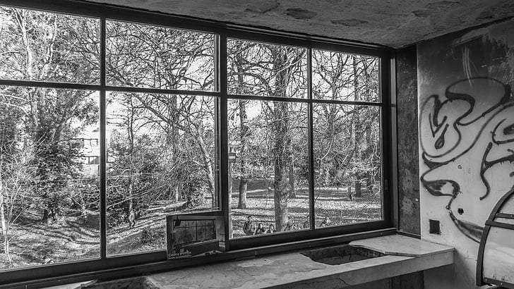 jendela, hitam dan putih, arsitektur rumah